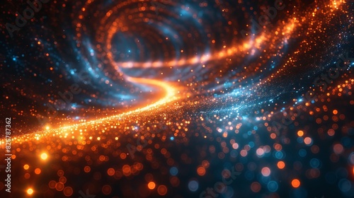 Abstract spiral of orange and blue light particles, background with bokeh effect photo