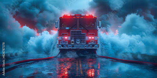 Firefighter by Red Firetruck with Smoke