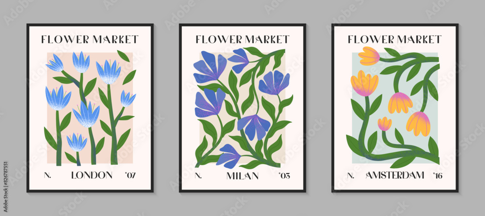 Abstact flower market vector posters with hand drawn florals.Modern botanical illustrations for prints,flyers,banners,invitations,branding design,covers,home decoration.
