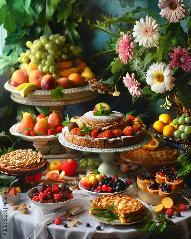 a table filled with freshly baked goods, colorful fruits, and gourmet ingredients, inviting viewers to indulge their senses