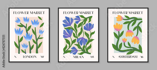 Abstact flower market vector posters with hand drawn florals.Modern botanical illustrations for prints,flyers,banners,invitations,branding design,covers,home decoration.