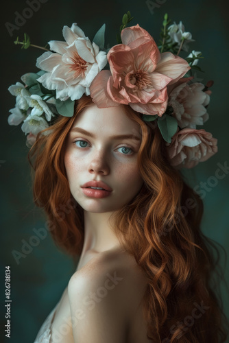 Obraz na płótnie Virgo Astrology Sign Zodiac Theme - Beautiful Redhead Woman with Flower Crown w salonie