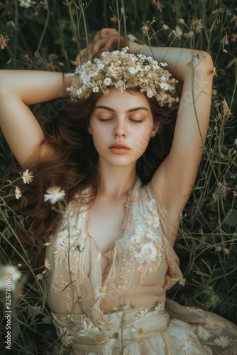 Virgo Astrology Sign Zodiac Theme - Beautiful Chestnut Hair Woman with Flower Crown
