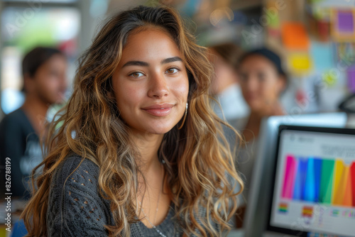A woman with long brown hair smiles at the camera at her workplace