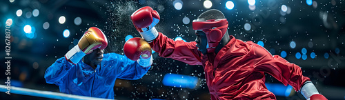 Two boxers boxing in ring. Athlete in red throws an uppercut with splashes at athlete in blue. Sports banner. Boxing concept photo
