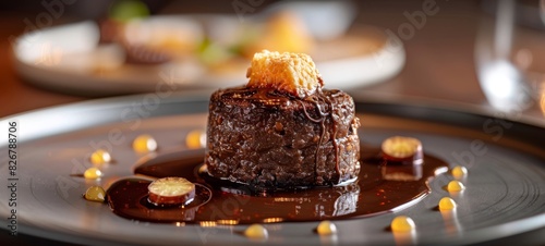 Dessert Malva Pudding in 3 Michelin star restaurant food photography texture. Popular Dessert Pudding in South Africa. Dessert Malva Pudding Images banner postcard horizontal.