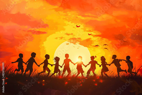 Silhouetted children holding hands against a dramatic sunset  with birds flying in a vibrant orange sky.