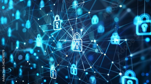 Advanced Cybersecurity Networks with Locked Data, Glowing Connections, and Digital Encryption, Abstract Technology Background - Generative AI