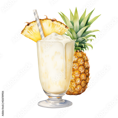 Watercolor Piña Colada Pineapple Smoothie with Straw and Pineapple Wedge photo