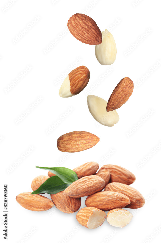 Many fresh almonds falling on white background Many fresh almonds falling on white background