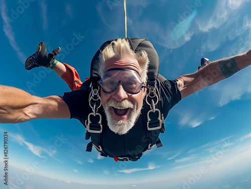 old man skydiving with guide, back view, adrenaline and adventure, parachute open in the sky, feeling of freedom, safety gear, tandem free fall, aerial view of the landscape below,