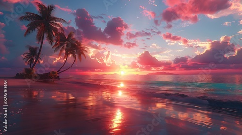 Landscape view of a beach with palm trees and a colorful sky at sunset © Be Naturally