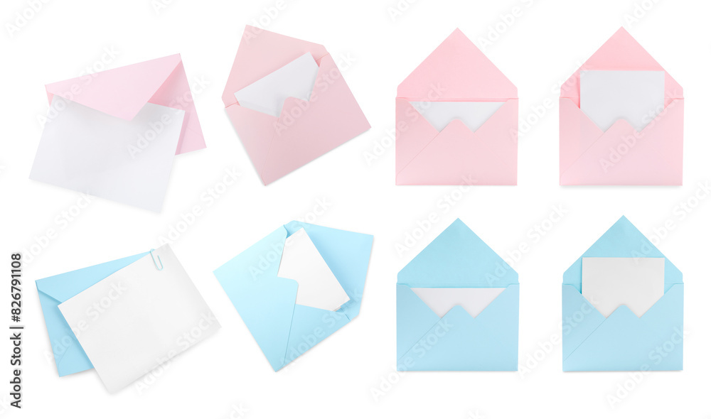 Set of letter envelopes with cards isolated on white, top view Set of letter envelopes with cards isolated on white, top view