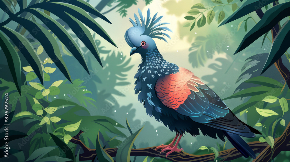 Illustration of a vibrant Victoria crowned pigeon perched in a lush jungle environment with detailed foliage. Illustration of a vibrant Victoria crowned pigeon perched in a lush jungle environment with detailed foliage.