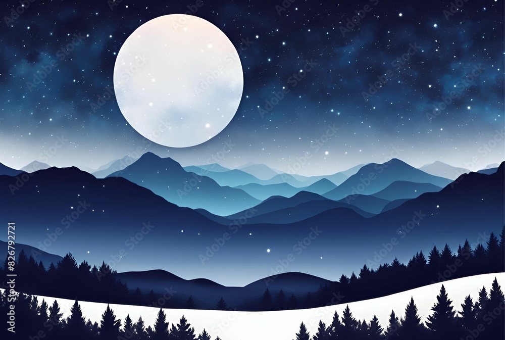 Nature landscape with gradient blue, white starry sky, silhouette of forest trees, hills, mountains nature background, full moon over mountains, wallpaper Nature landscape with gradient blue, white starry sky, silhouette of forest trees, hills, mountains nature background, full moon over mountains, wallpaper