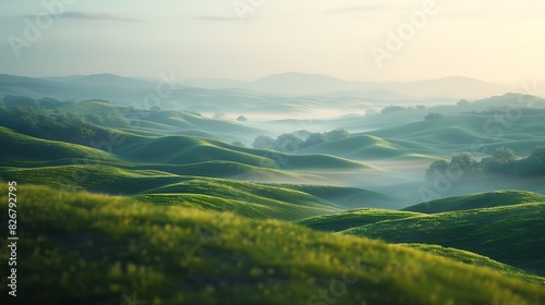 Fresh view of rolling hills under a soft morning light © Be Naturally