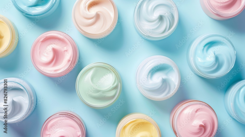 A row of colorful jars of lotion are arranged on a blue background A row of colorful jars of lotion are arranged on a blue background