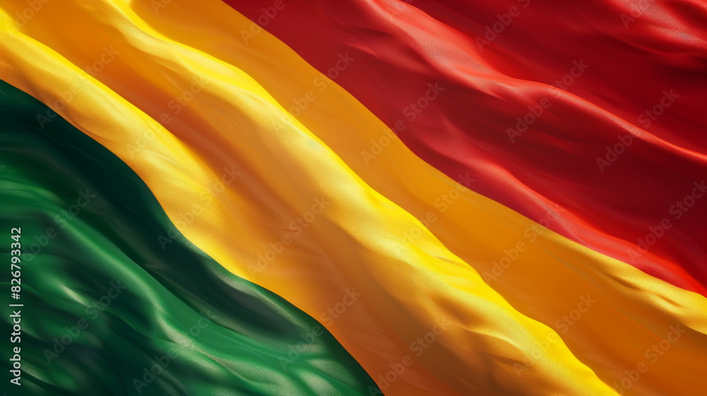 Fototapeta premium A beautifully textured Bolivian flag waving, featuring the vibrant red, yellow, and green colors, symbolizing national pride.