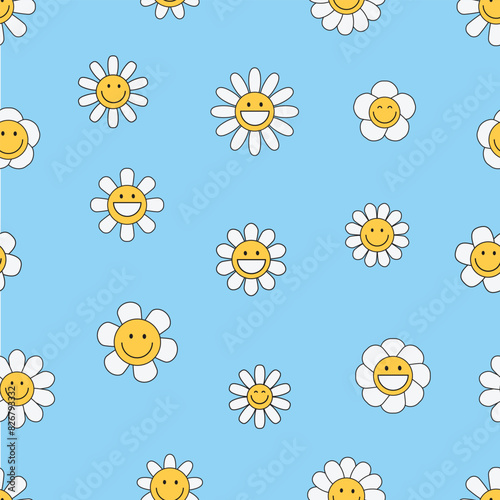 Cute simple seamless pattern with groovy daisy flowers. Spring and summer background. Vector illustration