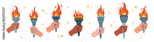 Set of burning torches flames in hands. Hands holding fire torches. Symbols of competition victory, relay race, champion, winner. Vector isolated illustration