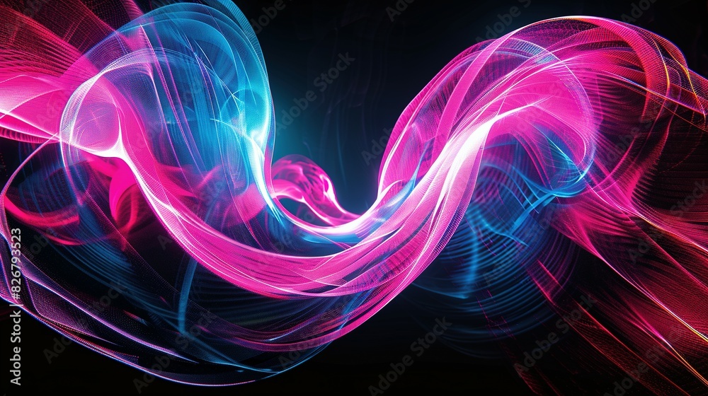 Fototapeta premium Neon Arches and Swirls in Pink and Blue: Black Background Image