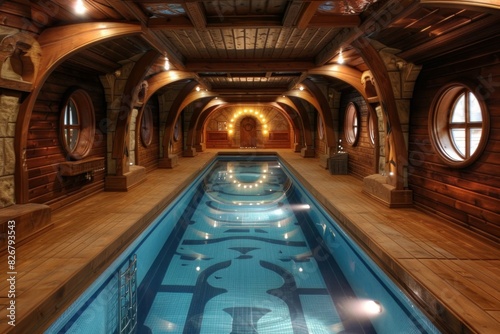 Elegant indoor swimming pool with rich wooden architecture and ambient lighting