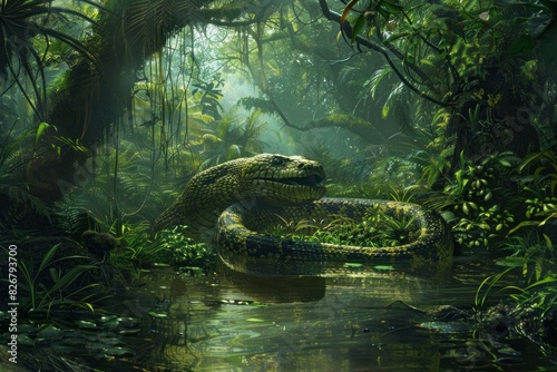 Digital illustration of a massive snake lurking in a misty  verdant jungle ecosystem