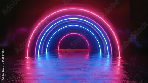 Dynamic Pink and Blue Neon Arches and Swirls on Black Background   © Ahmad-Muslimin