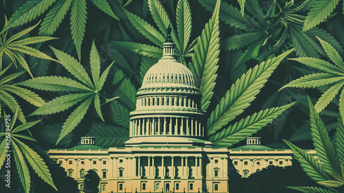 The United States Capitol building surrounded by Cannabis plants. Background for marijuana legalization news broadcast. photo