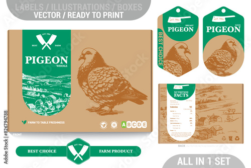 Pigeon game meat packaging design set featuring detailed hand drawn illustrations, accents and informative labels. Perfect for farms, butchers, and supermarkets seeking a high-quality meat 