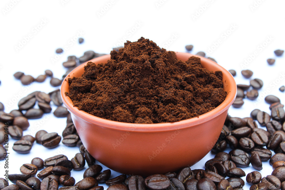 Roasted Coffee beans powder in a bowl Roasted Coffee beans powder in a bowl