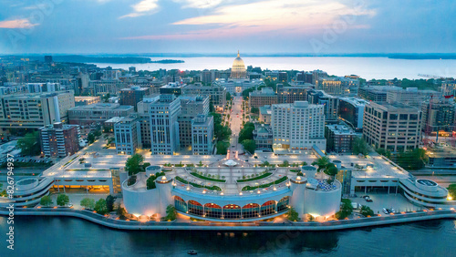 Aerial view of Madison, Wisconsin capitol and isthmus at dusk