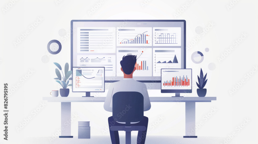 A data analyst sitting at a desk, analyzing data on multiple computer screens, representing business analytics and data management. A data analyst sitting at a desk, analyzing data on multiple computer screens, representing business analytics and data management.