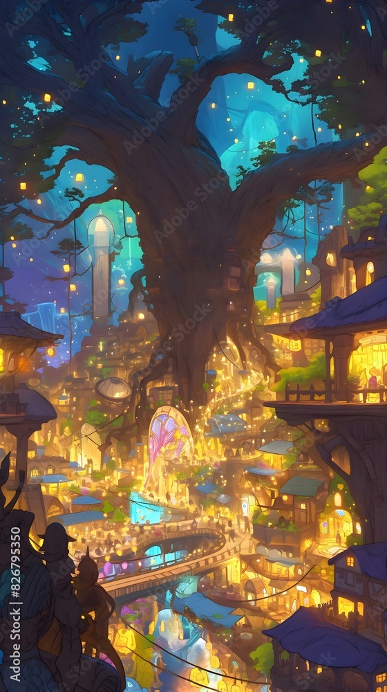 a painting of a city at night with a lot of lights