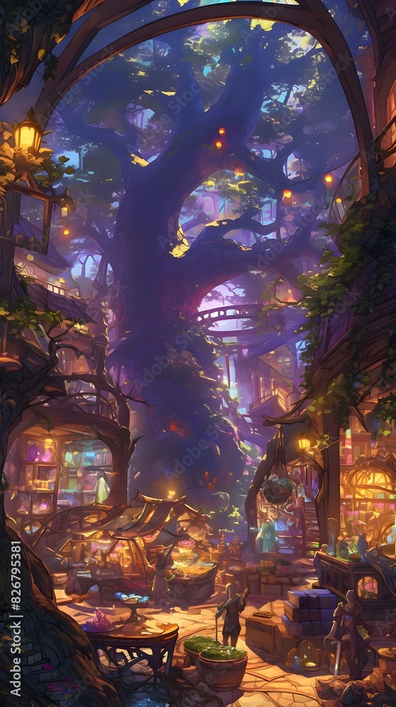 a painting of a fantasy city with a giant tree