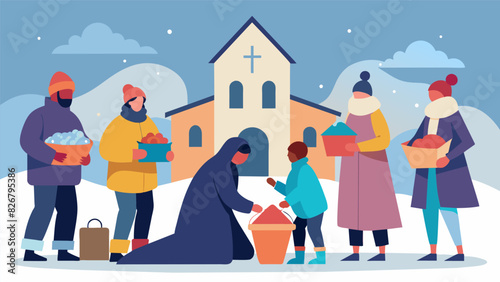With chilly temperatures looming outside the church becomes a hub of warmth and compassion as volunteers gather to distribute donated winter coats to. Vector illustration