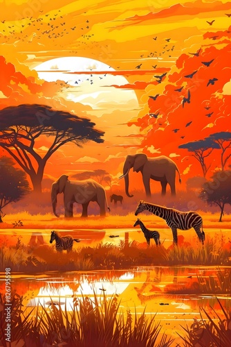 a painting of a sunset with elephants and zebras