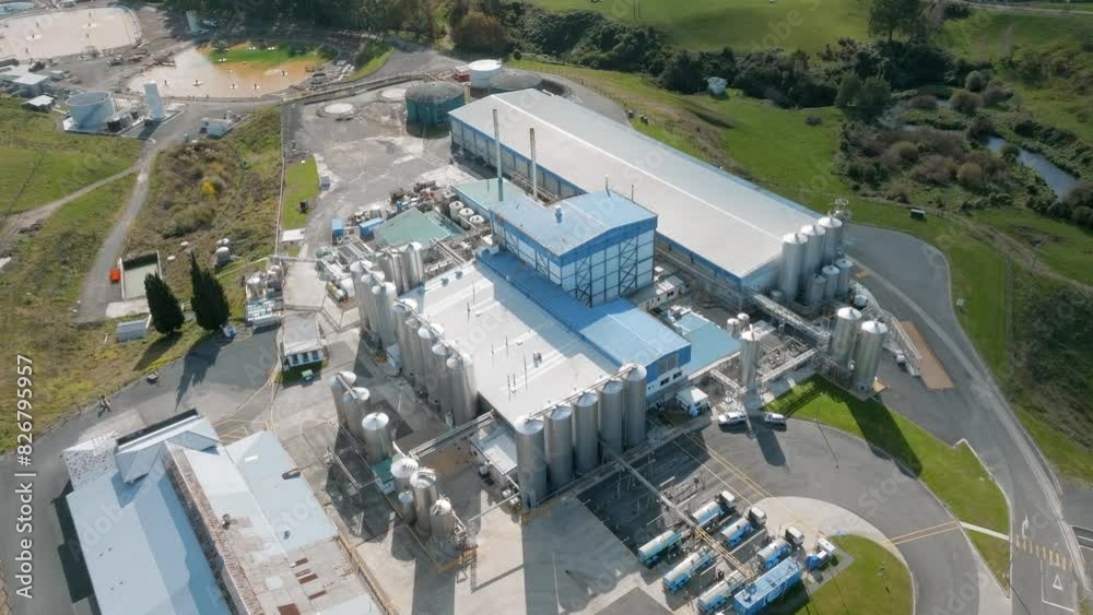 Aerial view of milk processing plant, Tirau, New Zealand