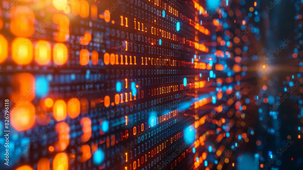 Close-up of binary code sequences illuminated in blue and orange, representing data flow in a digital network. Close-up of binary code sequences illuminated in blue and orange, representing data flow in a digital network.