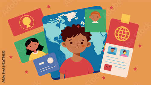 An illustrated passport featuring travel stamps from different virtual destinations symbolizing a childs journey as a certified digital citizen.. Vector illustration photo