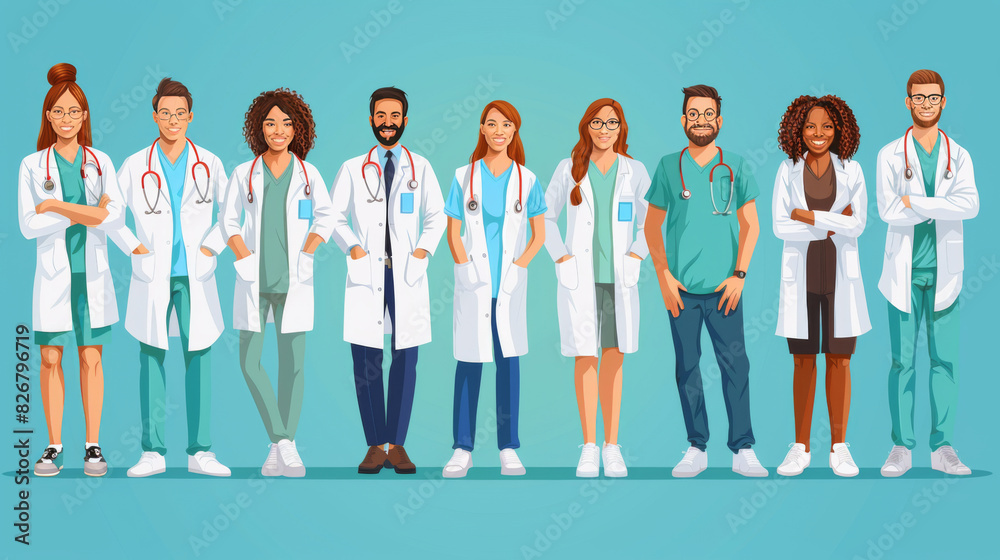 A diverse group of male and female doctors and nurses in white lab coats standing confidently. A diverse group of male and female doctors and nurses in white lab coats standing confidently.