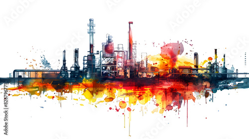 Landscape of a factory made with colorful paint splash isolated on a transparent background, PNG, Ai