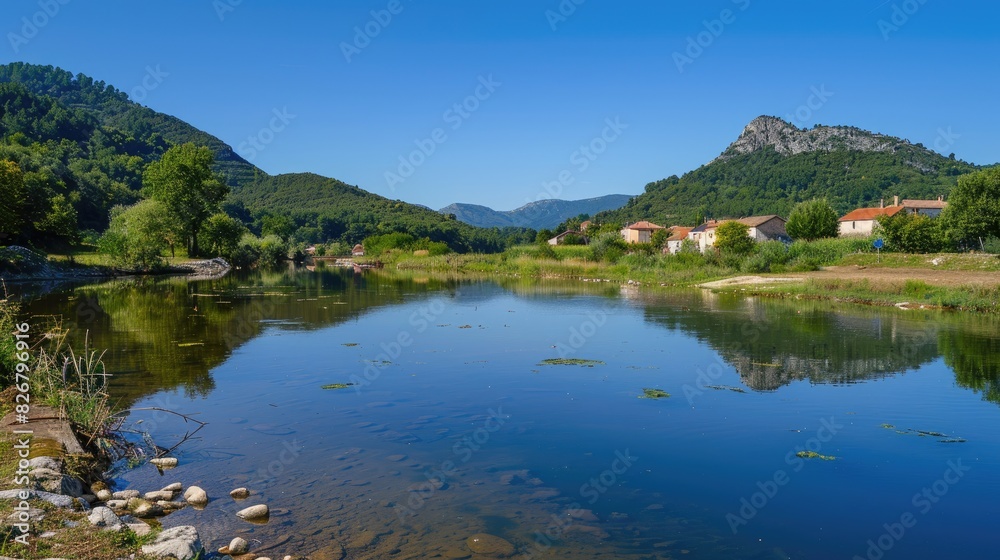 The country river mirrors the mountain while the villages and forests lie beneath the clear blue sky