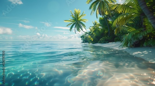 Fresh view of a tropical beach with palm trees and crystal clear water under a clear sky