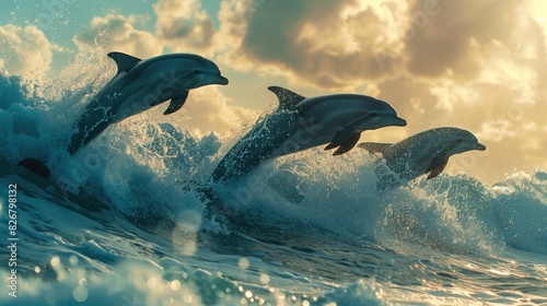 Three dolphins leap gracefully through ocean waves under a golden sunset, capturing the beauty and freedom of marine life