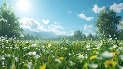 Fresh view of a tranquil meadow with a clear blue sky