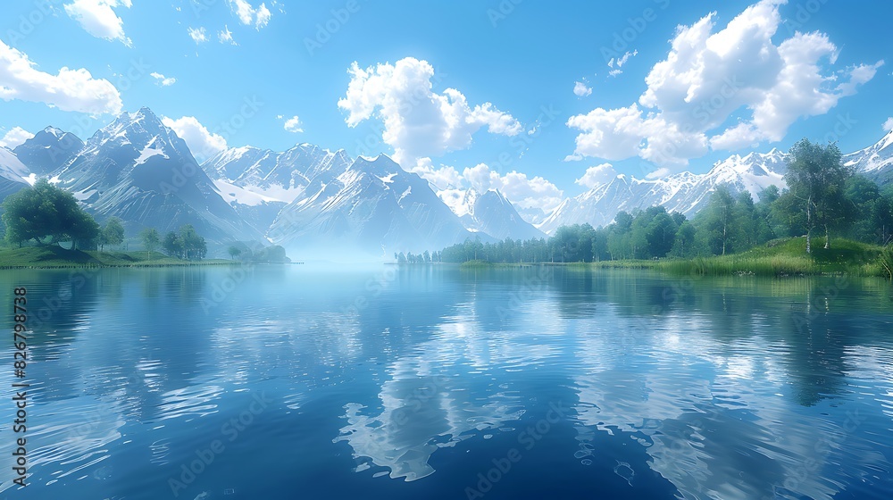 Fresh view of a tranquil lake with mountains and a clear blue sky