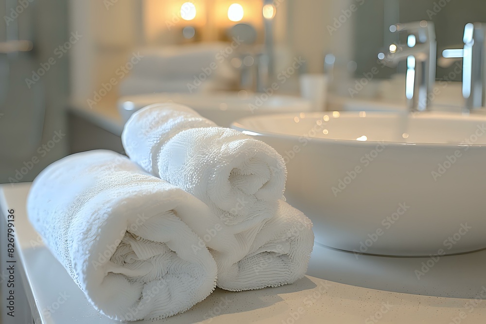 Rolled white towels on a bathroom countertop next to a modern sink, representing cleanliness, luxury, and relaxation. Perfect for hotel promotions, spa advertising, and bathroom decor. Rolled white towels on a bathroom countertop next to a modern sink, representing cleanliness, luxury, and relaxation. Perfect for hotel promotions, spa advertising, and bathroom decor.