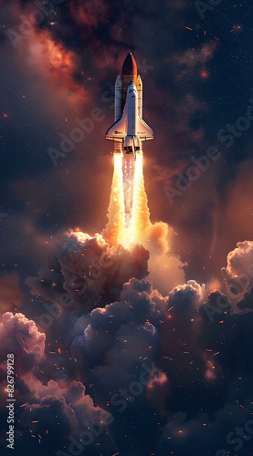 Space shuttle launching into the night sky, surrounded by clouds and fiery exhaust, symbolizing exploration and innovation. Ideal for technology, science, and aerospace projects.