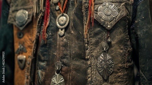 A worn and faded leather vest adorned with Navajo silver conchos representing the fusion of cowboy and American Indian cultures. photo